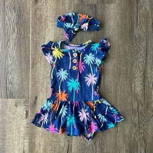 Posh Peanut Blue Tropical Palm Dress with Headband